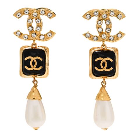 Chanel Crystal Pearl Cc Drop Earrings Gold White Black