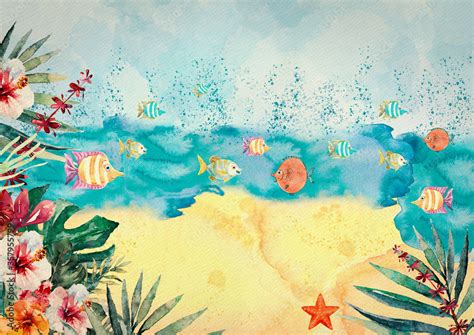 Tropical beach. Watercolor background. Stock Illustration | Adobe Stock