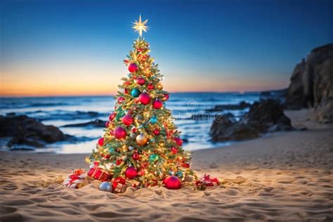 Christmas Tree With Decorations On The Beach Stock Illustration