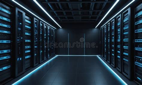 Long Dimly Lit Corridor With Rows Black Computer Servers On Either