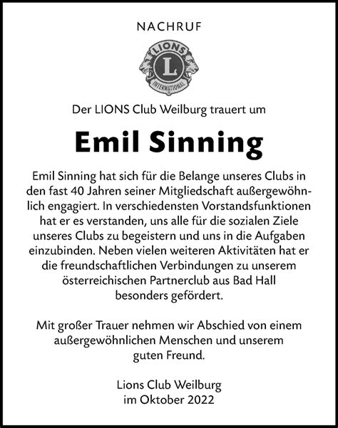 Traueranzeigen Von Emil Sinning Vrm Trauer De