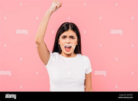 Angry Pretty Brunette Girl Protesting Isolated On Pink Stock Photo Alamy
