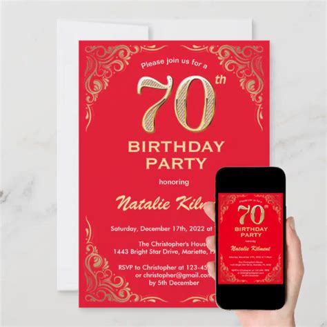 70th Birthday Red And Gold Glitter Frame Invitation Zazzle