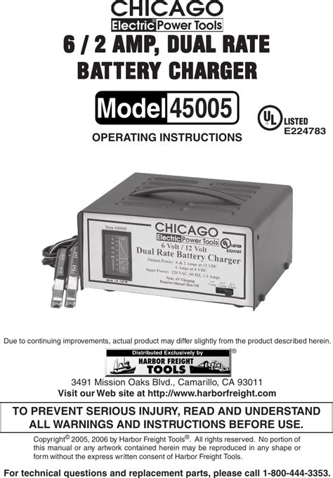 Harbor Freight 45005 Users Manual Battery Charger