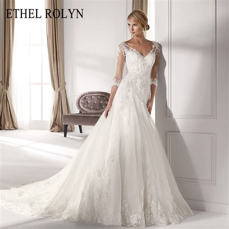 Ethel Rolyn Sexy V Neck Illusion Long Sleeve Wedding Dress