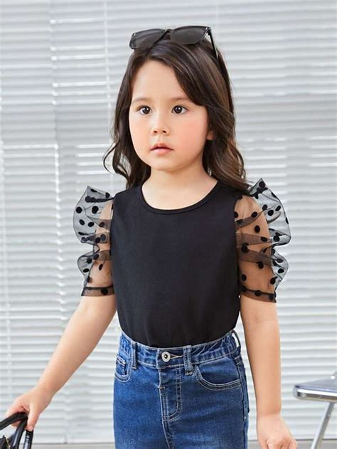 SHEIN Kids FANZEY Niñas Blusa con malla jacquard en contraste de manga