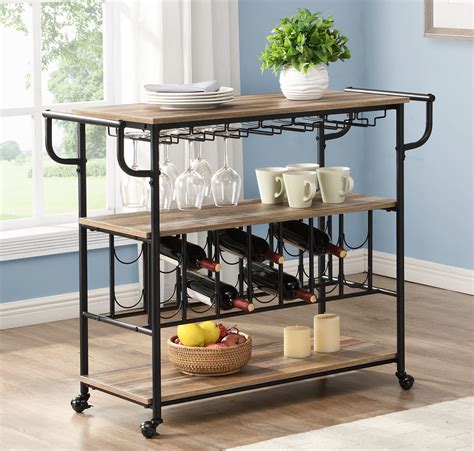 Homyshopy Industrial Bar Cart With Wine Rack 3 Tier Storage Shelves Wine Carts With Wheels And