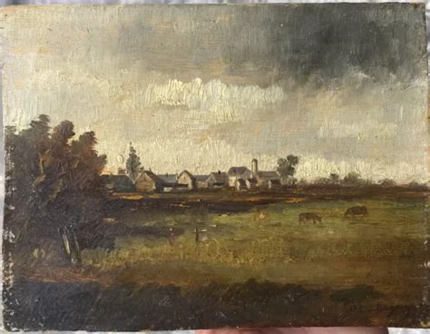 TABLEAU ANCIEN PEINTURE Huile Paysage Normandie Vaches Signé Daubigny