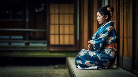 Geisha In Traditional In A Sitting Down Position Background A Girl In