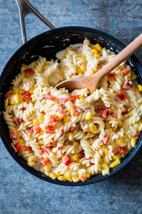 Lighter Creamier Corn Pepper Fusilli Alfredo Pasta Recipe