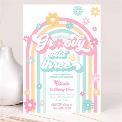 Groovy Wild And Three Rd Birthday Party Invitation Peace Love Groovy