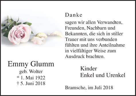 Traueranzeigen Von Emmy Glumm Noz Trauerportal