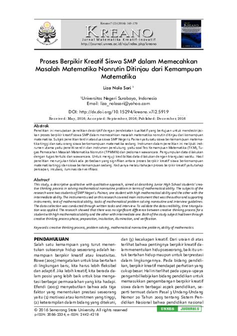 Pdf Proses Berpikir Kreatif Siswa Smp Dalam Memecahkan Masalah Matematika Nonrutin Ditinjau