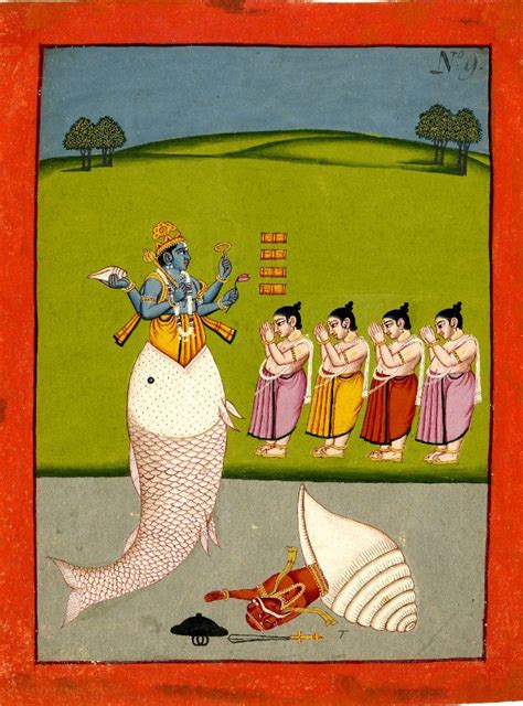 Painting Matsya Fish Avatar Of Vishnu With Four Brahmins And Dead