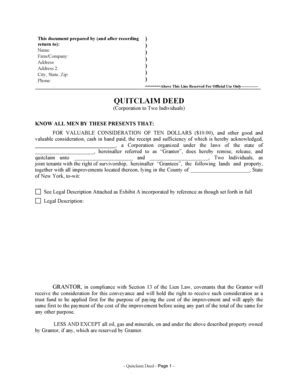 Fillable Online New York Quitclaim Deed From Corporation To Two