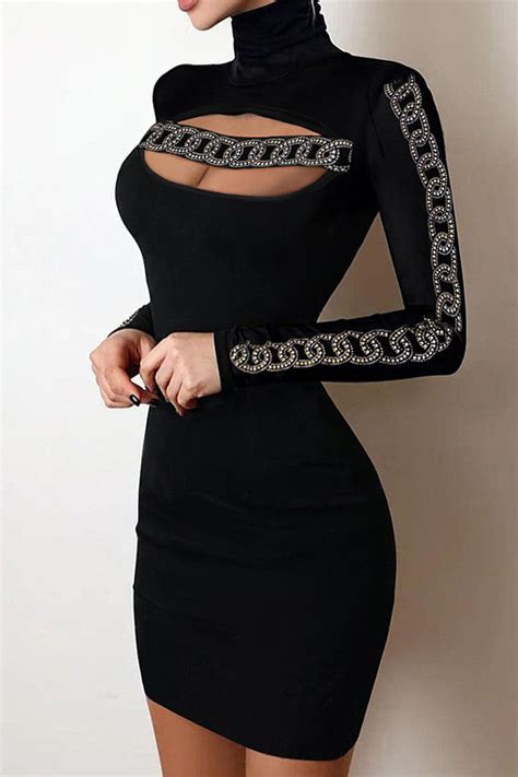 Sexy Solid Sequins Patchwork Hot Drill Turtleneck Pencil Skirt Dresses