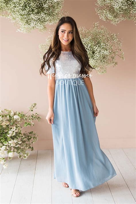 Dusty Blue Chiffon Sequin Maxi Dress Beautiful Modest Bridesmaids