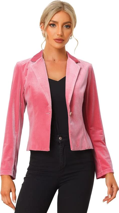 Allegra K Womens 1 Button Velvet Blazer Lapel Business Office Crop Suit Jacket Pink S Shopstyle