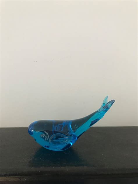 Blue Glass Whale Paperweight Ornament Vintage Etsy