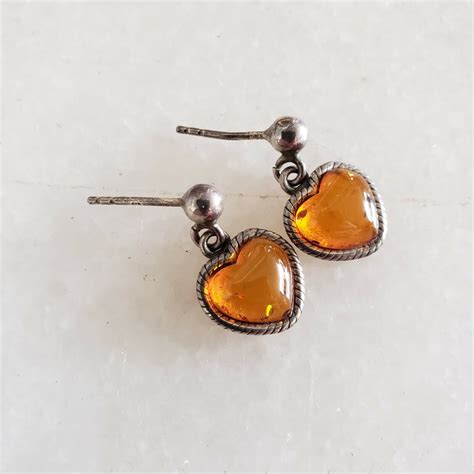 925 Sterling Silver Amber Heart Shape Dangle Earrings Gem