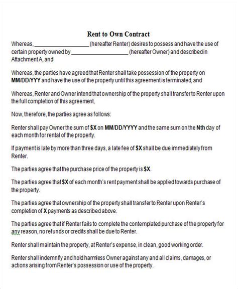 Printable Rent To Own Contract Template Printable Templates