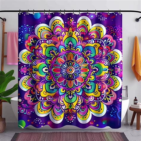 Boho Rainbow Mandala Floral Shower Curtain Colorful Flower Design On