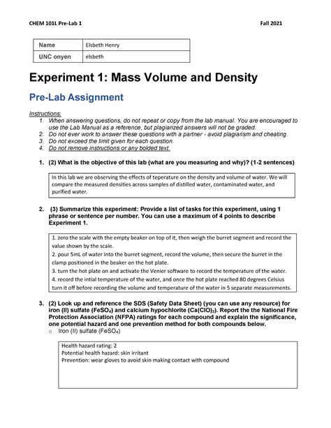 Experiment 1 Pre Lab Chem Lab Name Elsbeth Henry UNC Onyen Elsbeth