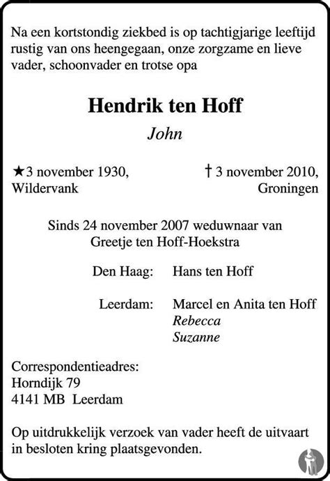 Hendrik John Ten Hoff Overlijdensbericht En Condoleances