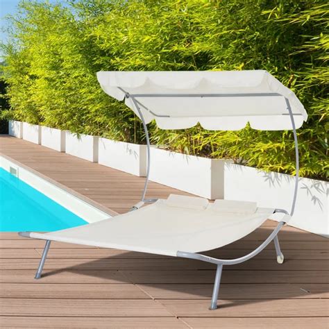 Outsunny Double Chaise Outdoor Lounge Bed With Canopy And Headrest