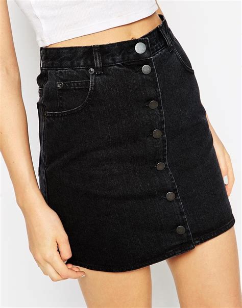 Asos Denim Dolly Button Front Mini Aline Skirt In Washed Black At Asos