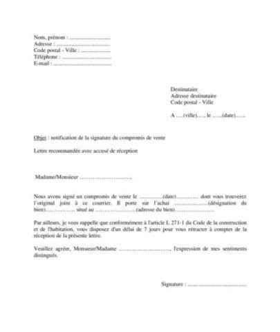 Modèle de notification du vendeur de la signature du compromis de vente