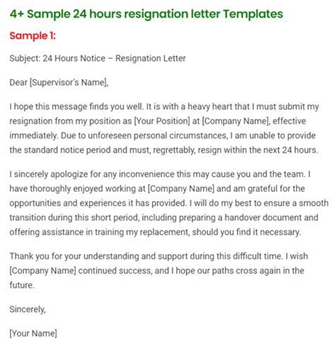 Sample Hours Resignation Letter Templates