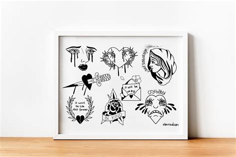 A4 Traditional Tattoo Flash Sheet Print Blackwork Style Etsy Uk