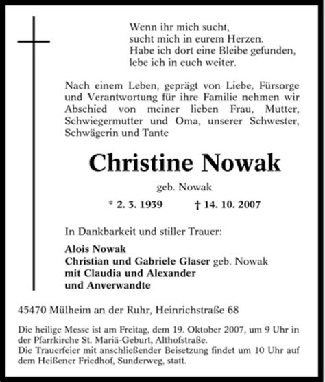 Traueranzeigen Von Christine Nowak Trauer In Nrw De