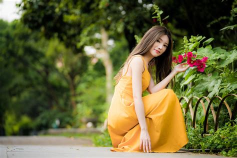 K K Asian Bokeh Brown Haired Hands Dress Sitting