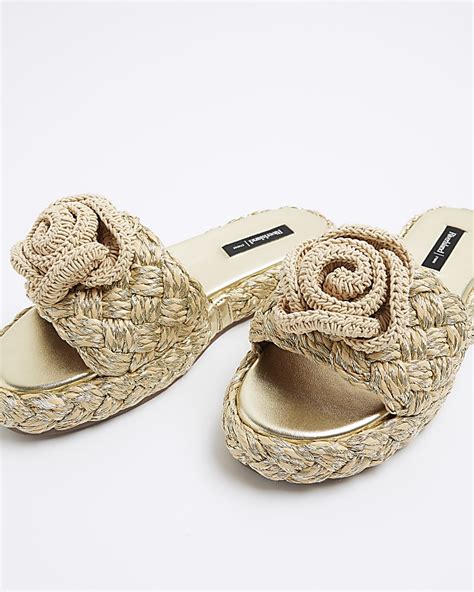 Gold Crochet Flower Flatform Sandals | River Island