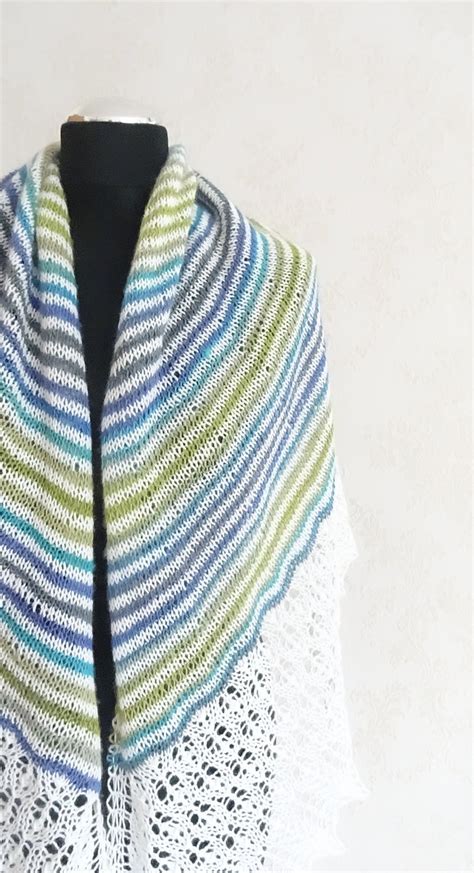 Hand Knit Wool Shawl Semicircle Wool Shawl Blue Striped Wrap Etsy