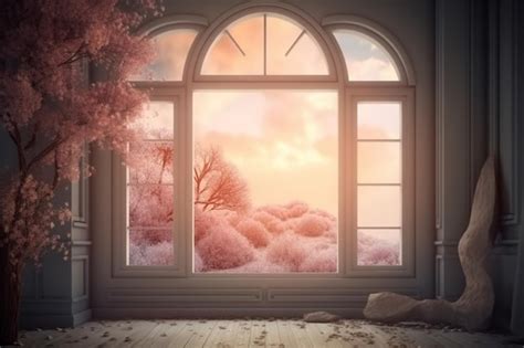 Premium AI Image An Open Window With A Pink Sky And A Pink Tree Outside