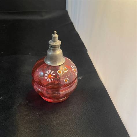 Antique Cranberry Glass Perfume Bottle With Hand Painted Daisies