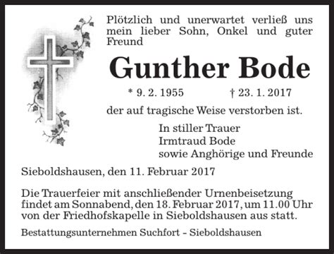 Traueranzeigen Von Gunther Bode Trauer Anzeigen De