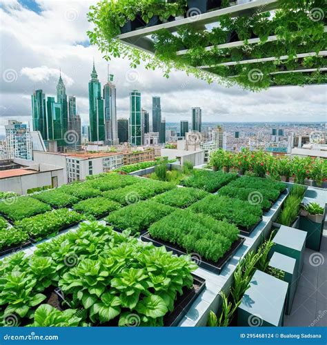 A Thriving Urban Rooftop Garden in the Heart of the Stock Illustration