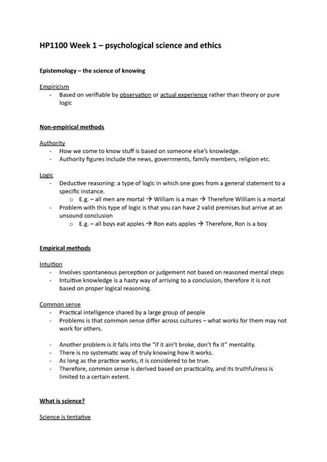 Hp1100 Week 1 Notes 1 Hp1100 Week 1 Psychological Science And