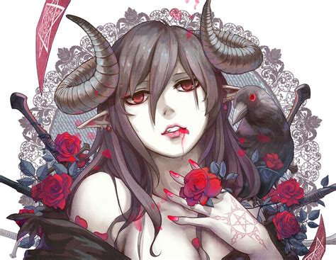 Wallpaper Illustration Anime Girls Horns Raven Rose Succubus