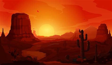 Premium Vector | Sunset mexican desert landscape with cactuses