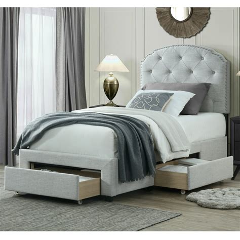 DG Casa Argo Tufted Upholstered Panel Bed Frame with Storage Drawers and Nailhead Trim Headboard ...