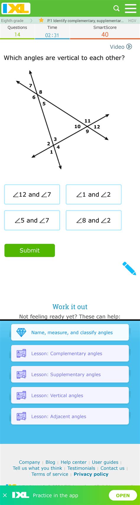 Ixl Identify Complementary Supplementary Vertical Adjacent And