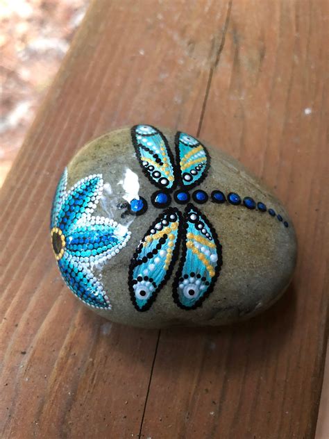 Blue Dragonfly And Flower Dot Painted On Rock Etsy In 2020 Mandala