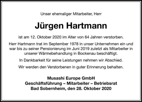 Traueranzeigen Von J Rgen Hartmann Rz Trauer De