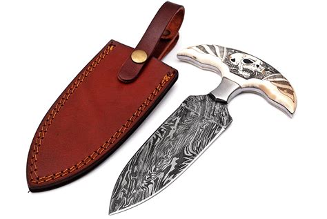 Full Tang Skull Push Dagger Damascus Steel Hunting Knife W/ Sheath