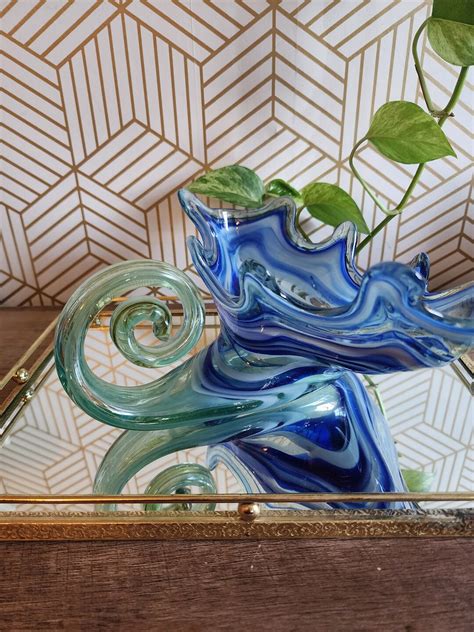 Murano Style Sooner Hand Blown Blue Swirl Art Glass Centerpiece Candy Dish Trinket Cornucopia